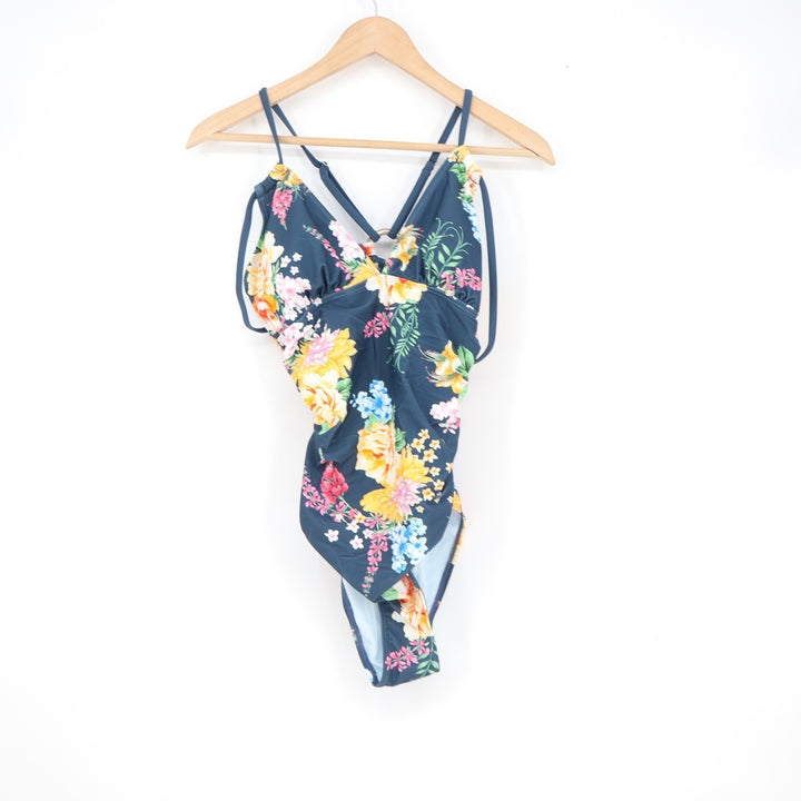 Cupshe Womens Floral V-Neck One Piece Swimsuit Navy Blue Size M