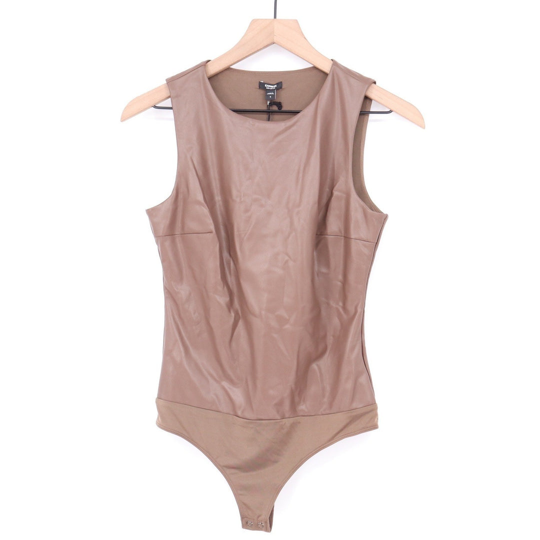 Express Body Contour Faux Leather Bodysuit Mocha Brown Sleeveless Small