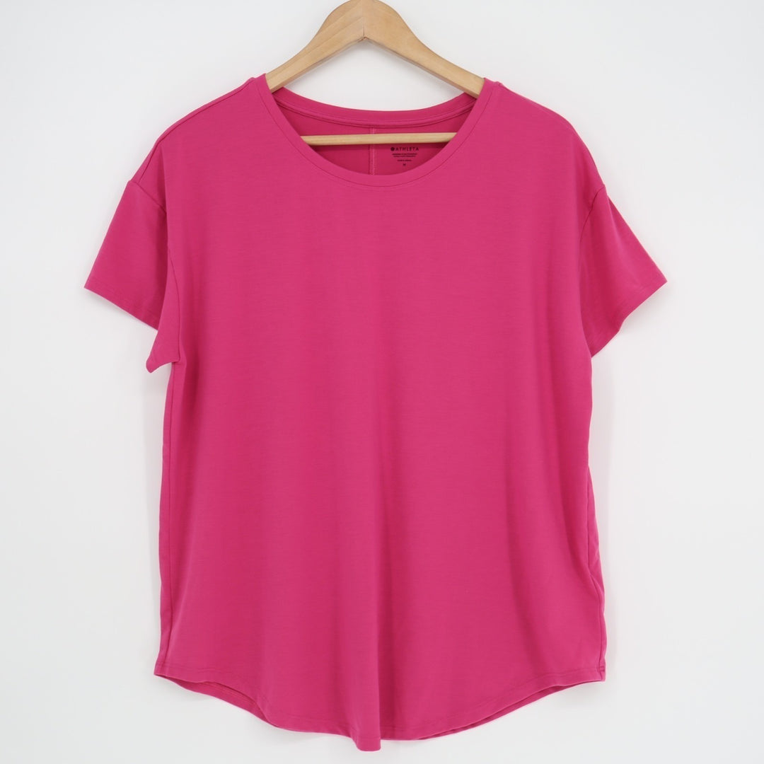 Athleta T-Shirt Womens Medium Hot Pink Stretch Crew Neck Short Sleeve Pullover