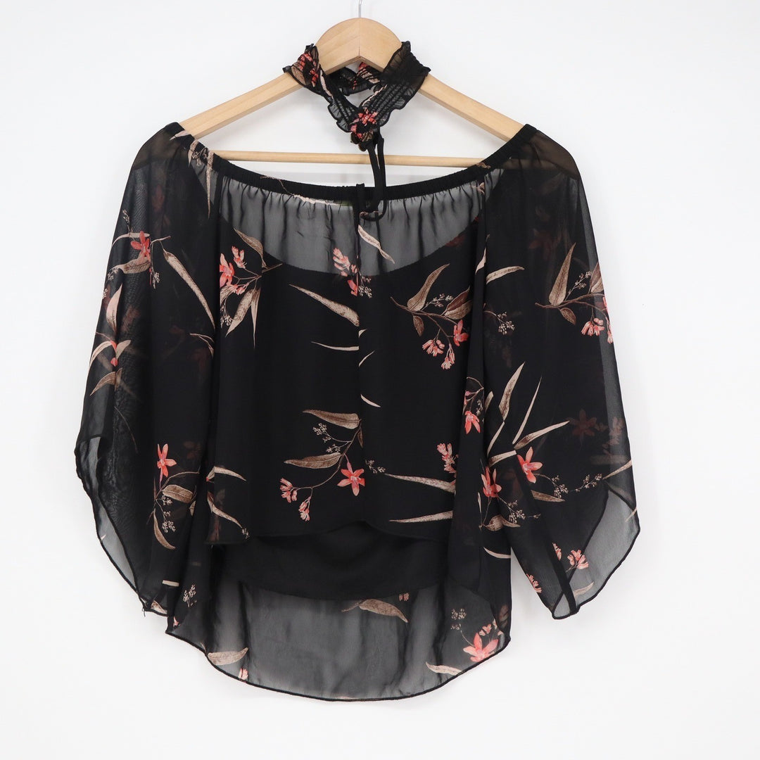 Olive Tree Black Floral Chiffon Off Shoulder Blouse M T7126 Made in USA