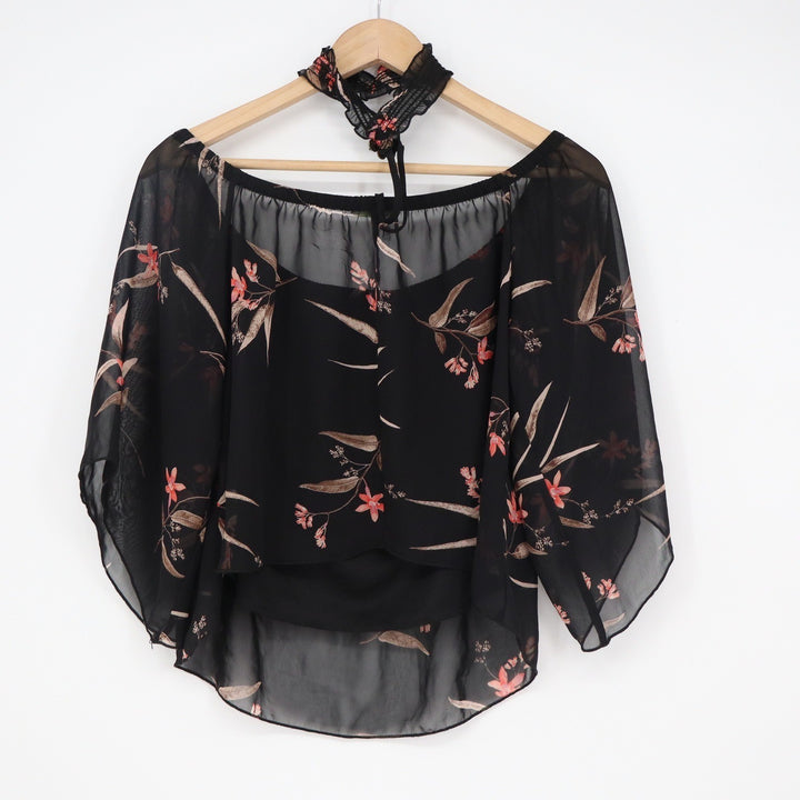 Olive Tree Black Floral Chiffon Off Shoulder Blouse M T7126 Made in USA