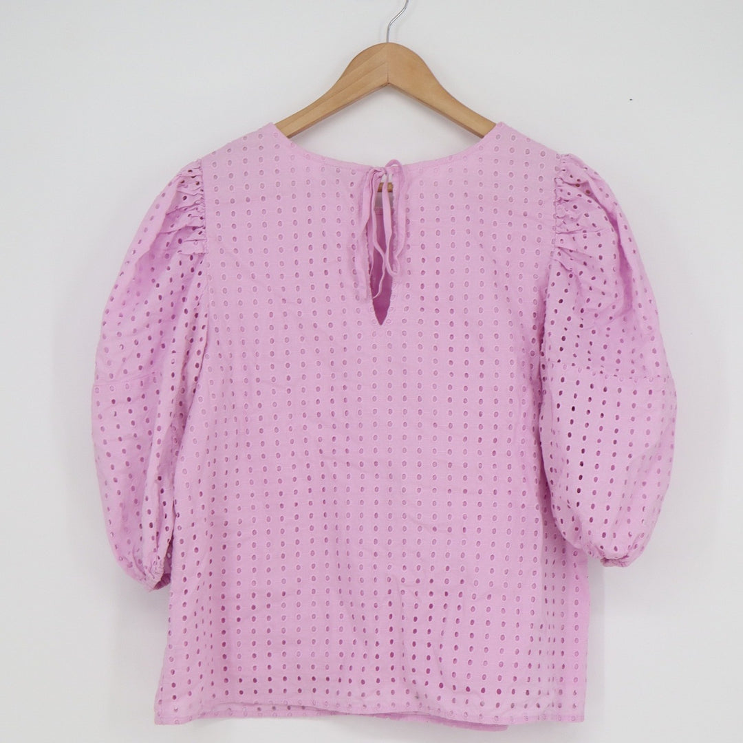 A New Day Pink Eyelet Puff Sleeve Blouse Round Neck Tie Back Top M