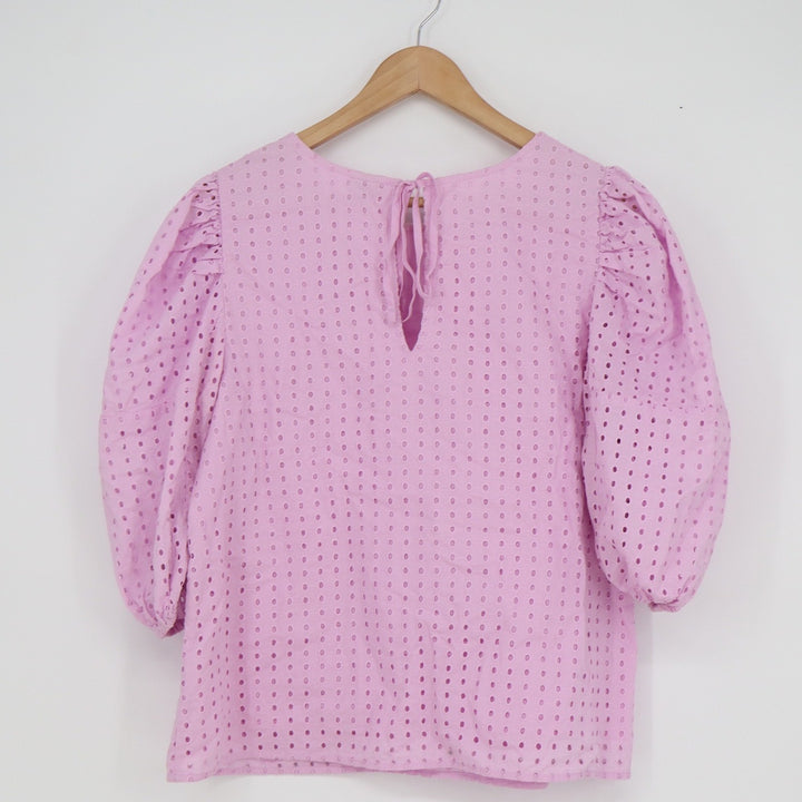 A New Day Pink Eyelet Puff Sleeve Blouse Round Neck Tie Back Top M