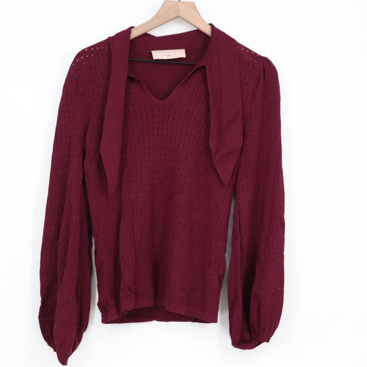 Keepsake Shirt Womens S Burgundy Laser Cut Perforated Tie Neck Puff Long Sleeves