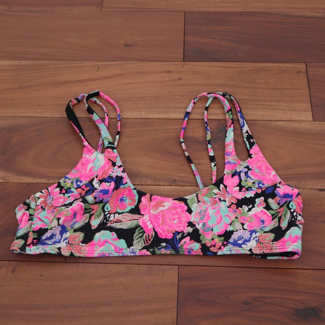 No Boundaries Rich Black Floral Double Strap Bikini Top Womens Large