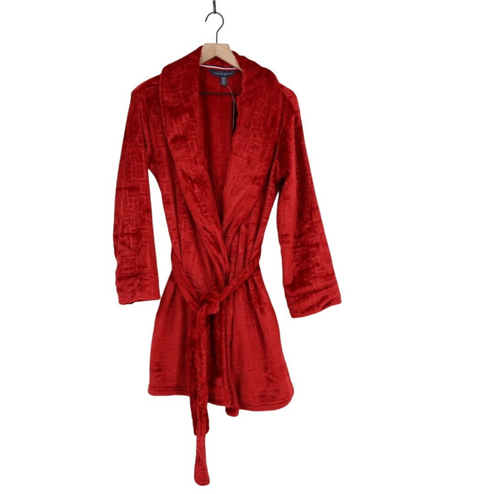Tommy Hilfiger Debossed Plush Robe Women S/M Regatta Red Waist Belt Shawl Collar