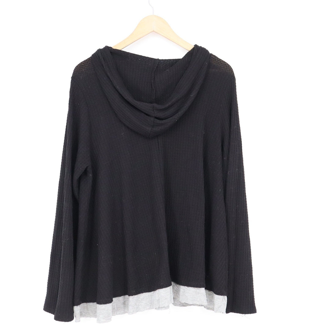 Sweet Claire Womens Black Waffle Knit Layered Hem Long Sleeve Hoodie Top L