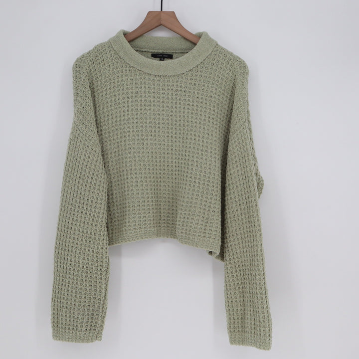Love Tree Sage Green Waffle Knit Cropped Sweater Womens Small Relaxed Fit