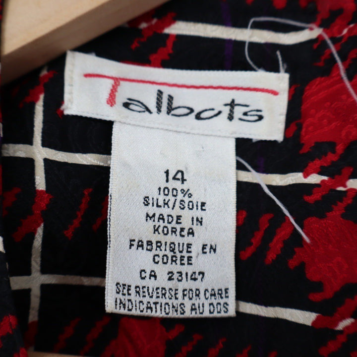 Talbots Womens Size 14 Silk Blouse Top Red Black Plaid Pattern Long Sleeve