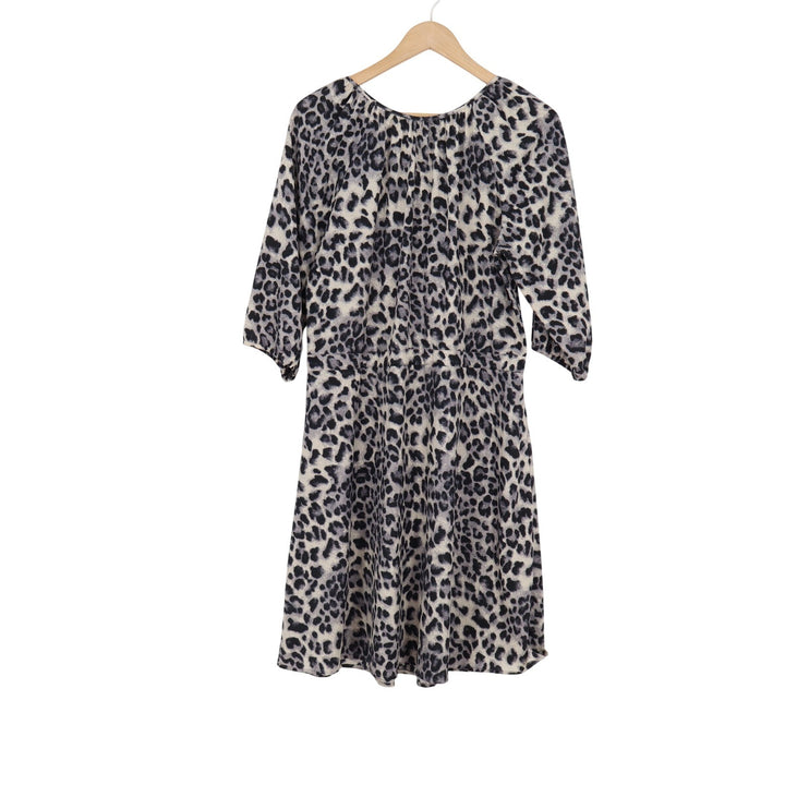Bar III Leopard Print Dress Grey Black Elastic Waist Tie Belt Size L