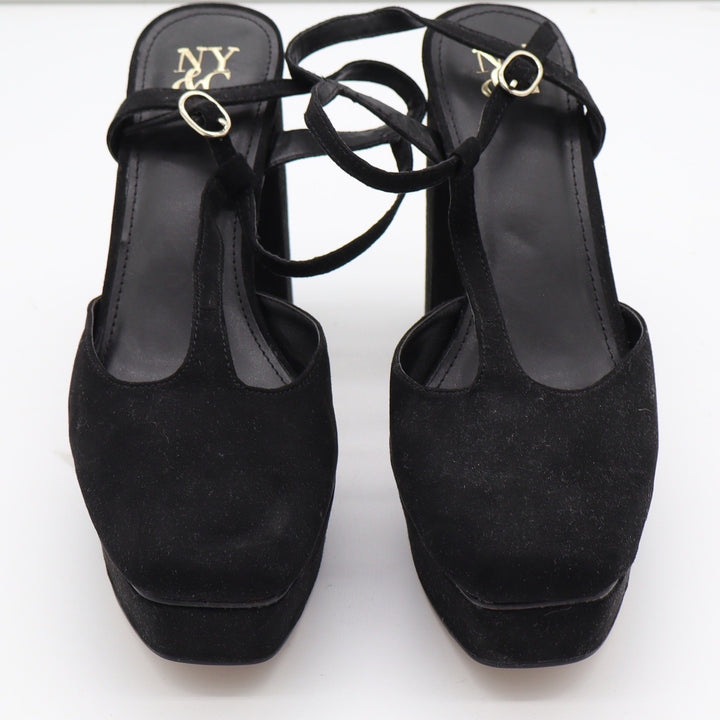 New York & Company Malayah Black Faux Suede Platform Block Heels Size 9