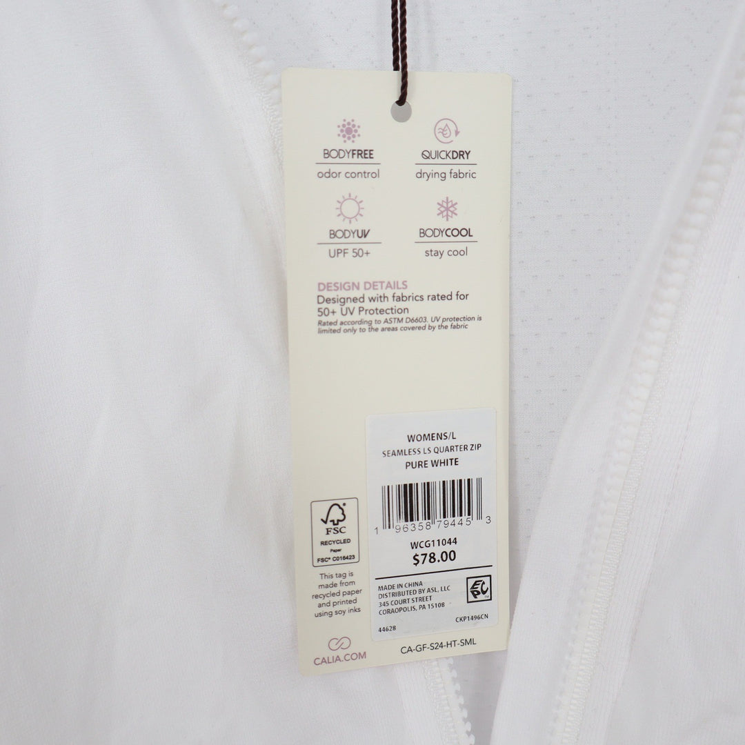 CALIA Womens Seamless LS Quarter Zip Pure White UPF 50+ Top Large
