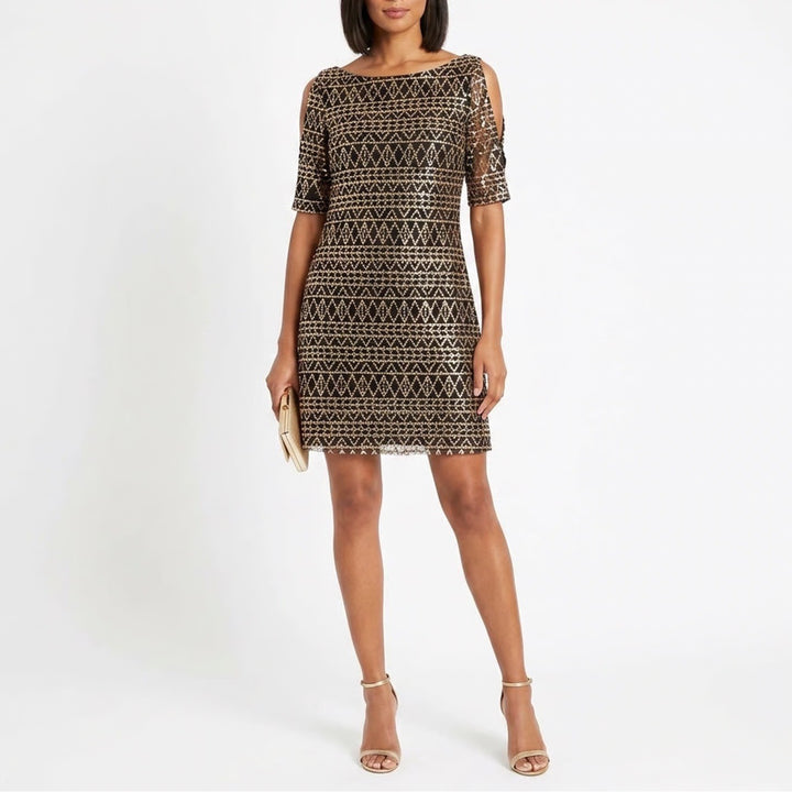 Peppe Peluso Black Gold Sequin Cold Shoulder Shift Dress Size M Geometric DVB981