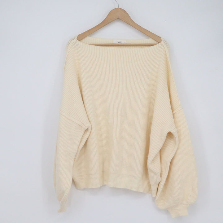 Talulah Womens Cream Ribbed Oversized Boat Neck Lantern Sleeve Sweater Large L