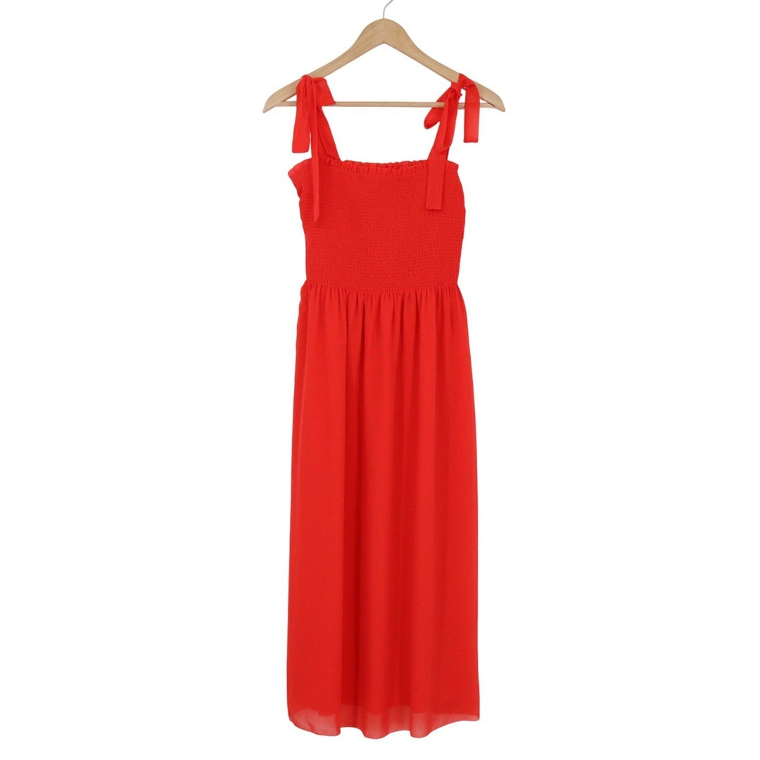 Wilfred Aritzia Red Smocked Tie Shoulder Midi Dress Medium