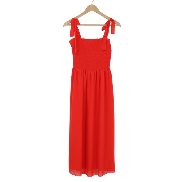 Wilfred Aritzia Red Smocked Tie Shoulder Midi Dress Medium