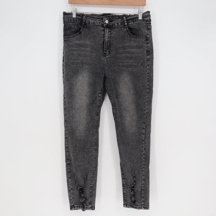 Acid Wash Black Distressed Skinny Jeans High Rise Raw Hem Size XL
