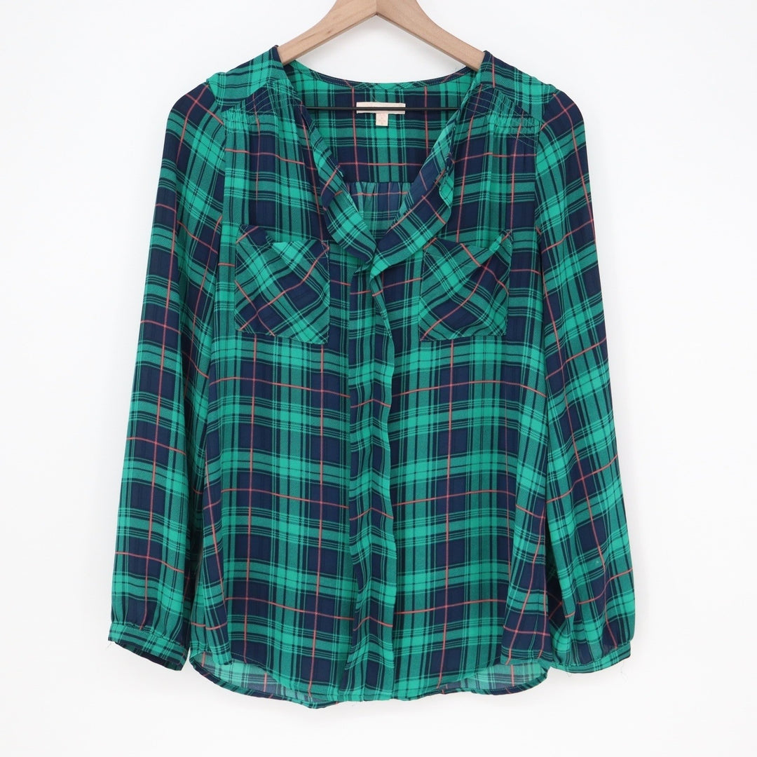 Skies Are Blue Top Women's S Green Plaid Long Sleeve V-Neck Blouse Excellent