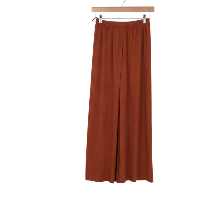 Rust Orange Ribbed Wide Leg Pants Elastic Waist Casual Lounge Trousers