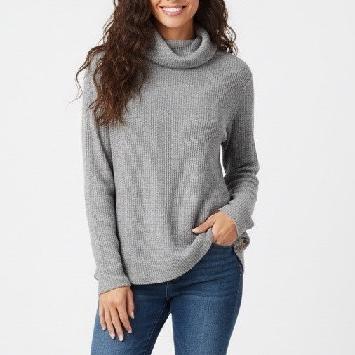 Croft & Barrow Sweater Women Medium Gray Waffle Knit Turtleneck Side Hem Button