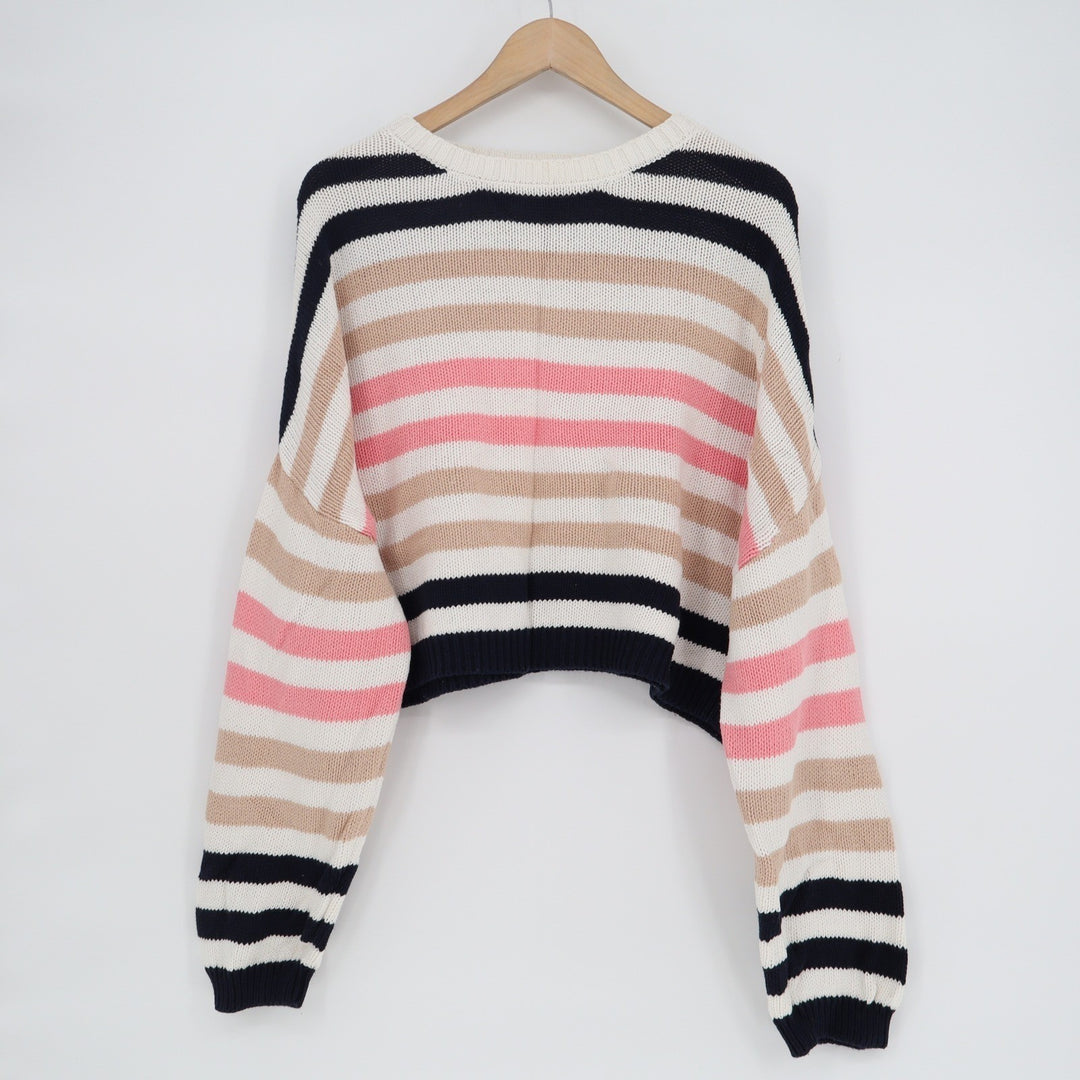 Mi Ami Womens Striped Cropped Cotton Knit Sweater Navy Pink Tan White Large
