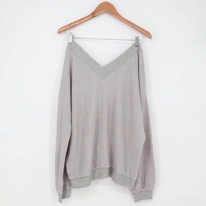 ADREAMLY Waffle Knit Top Womens Large Gray V-Neck Long Sleeve Relaxed Excellent