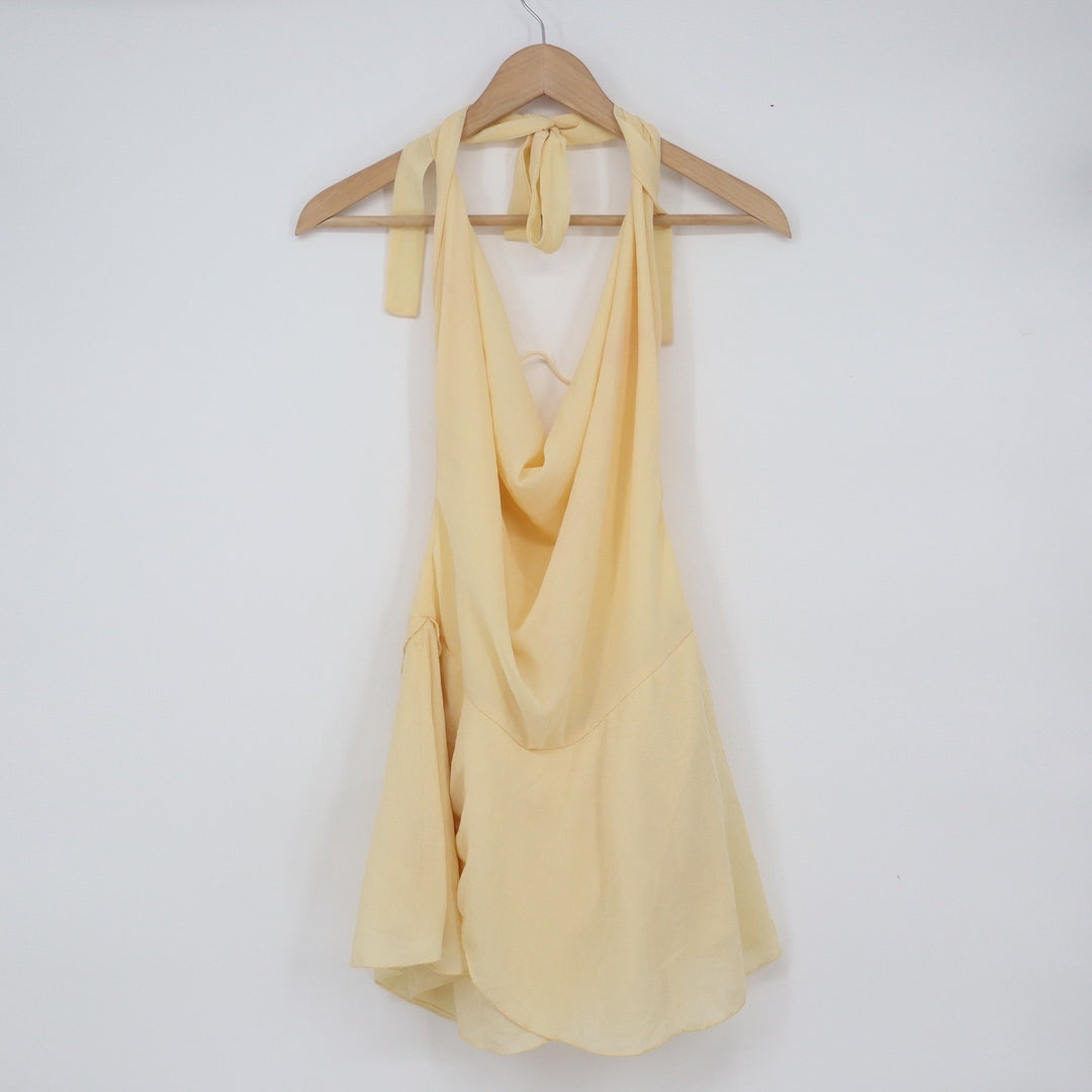 Butter Yellow Cowl Neck Halter Mini Dress Open Back Summer Party Size S
