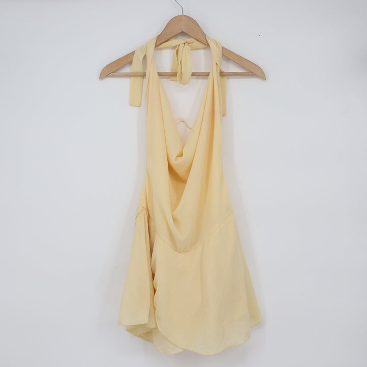 Butter Yellow Cowl Neck Halter Mini Dress Open Back Summer Party Size S