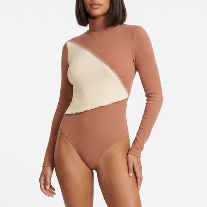 Naked Wardrobe Color block Ribbed Mock Neck Bodysuit Coco Oatmeal L