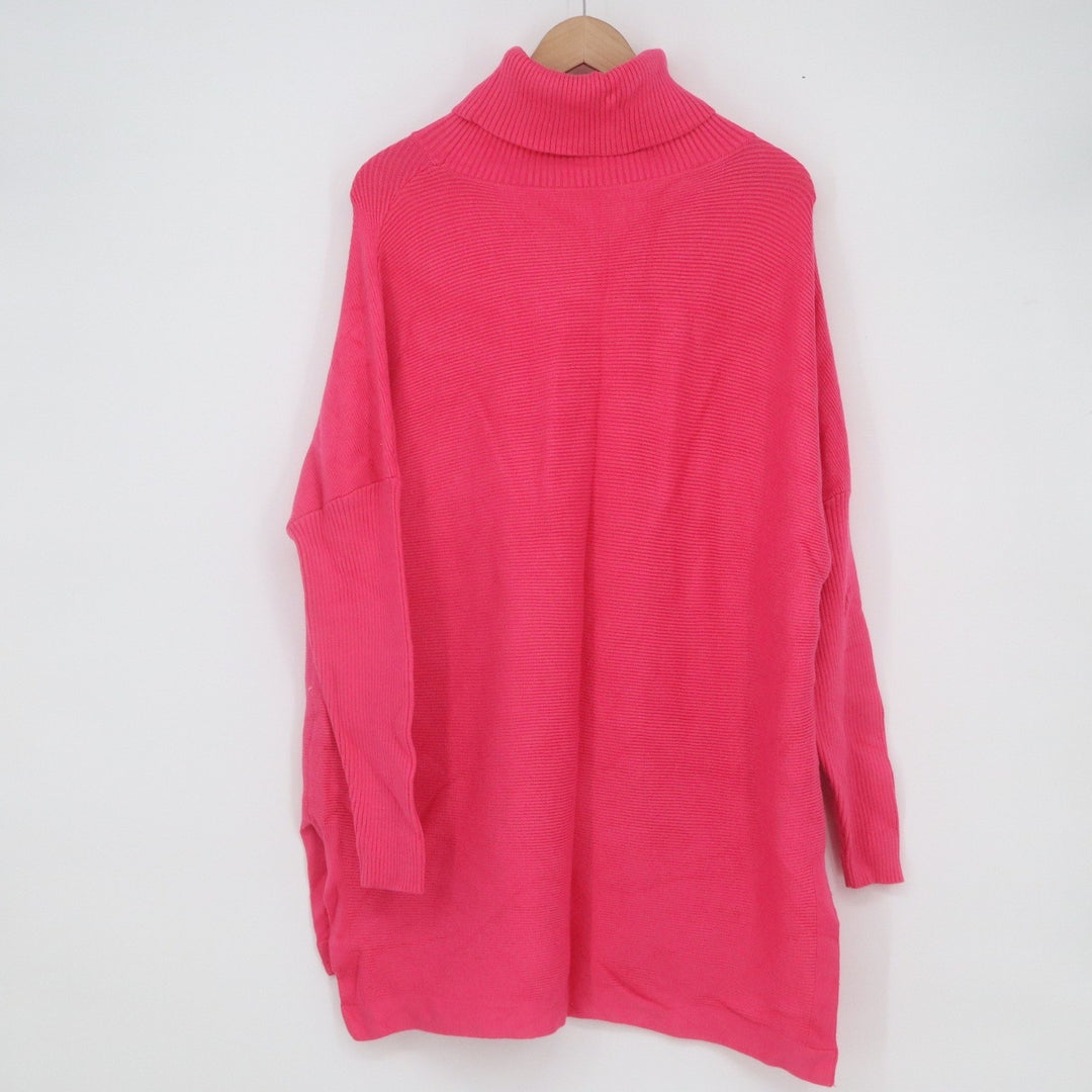 Hot Pink Turtleneck Oversized Ribbed Knit Tunic Sweater