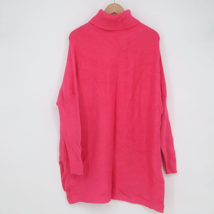 Hot Pink Turtleneck Oversized Ribbed Knit Tunic Sweater