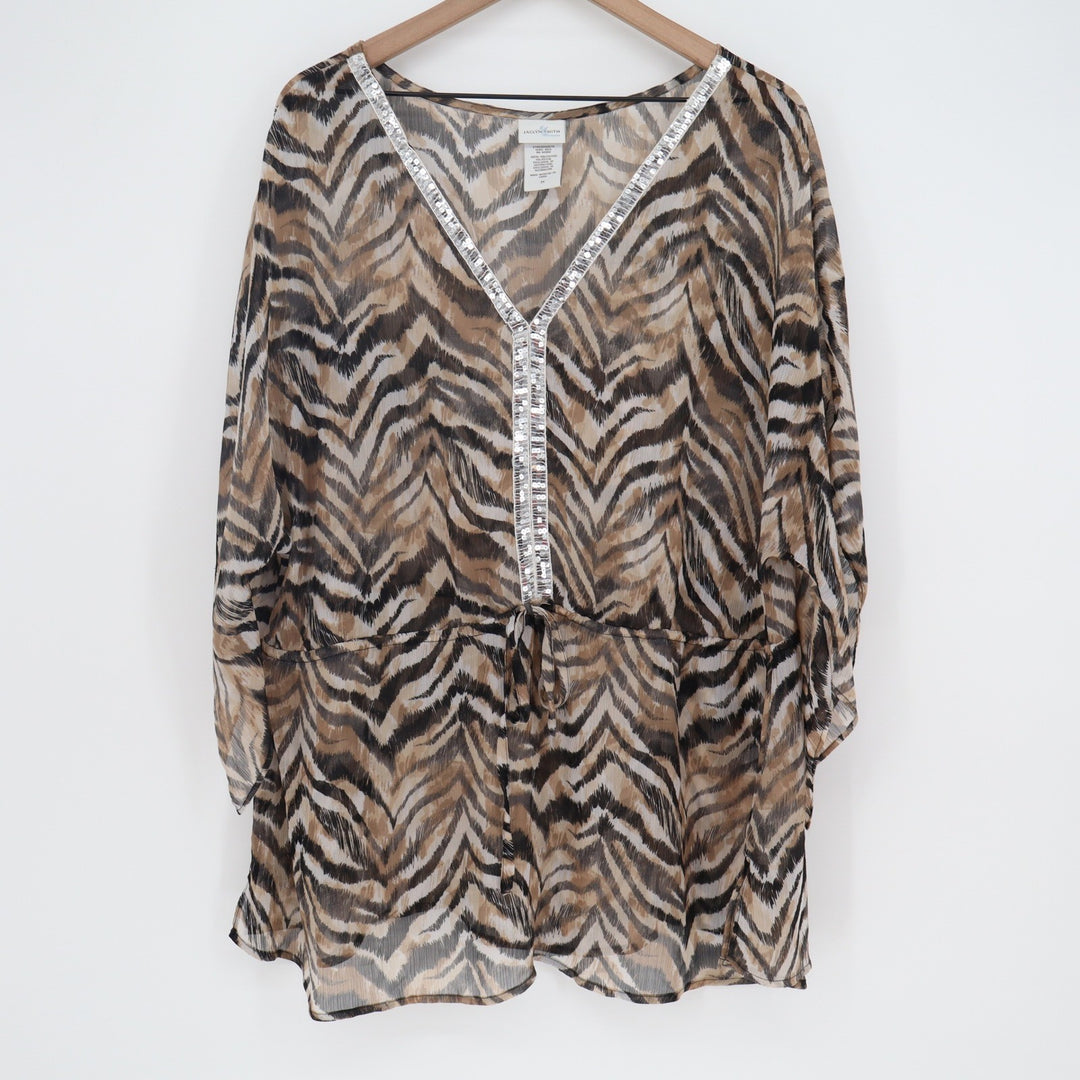 Jaclyn Smith Tunic Womens 2X Zebra Animal Print Brown Sequin Trim Excellent