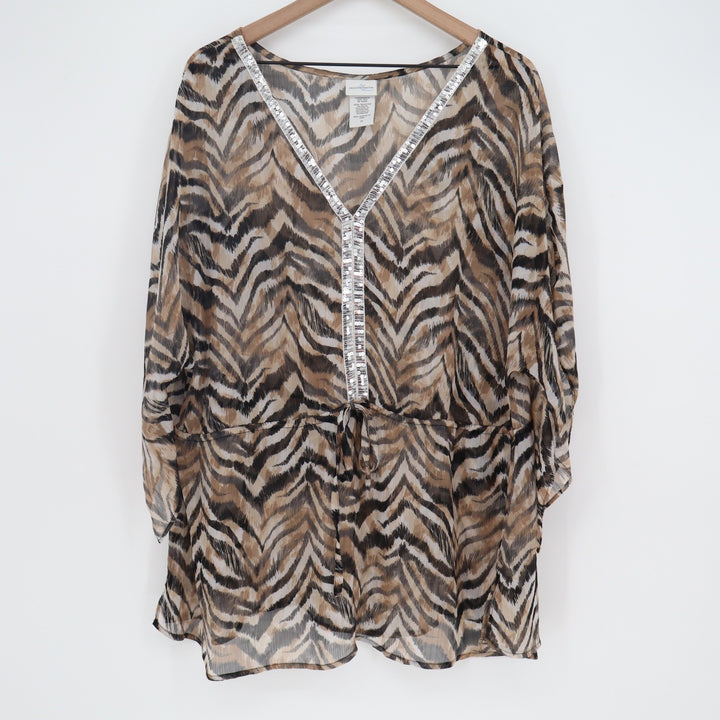 Jaclyn Smith Tunic Womens 2X Zebra Animal Print Brown Sequin Trim Excellent