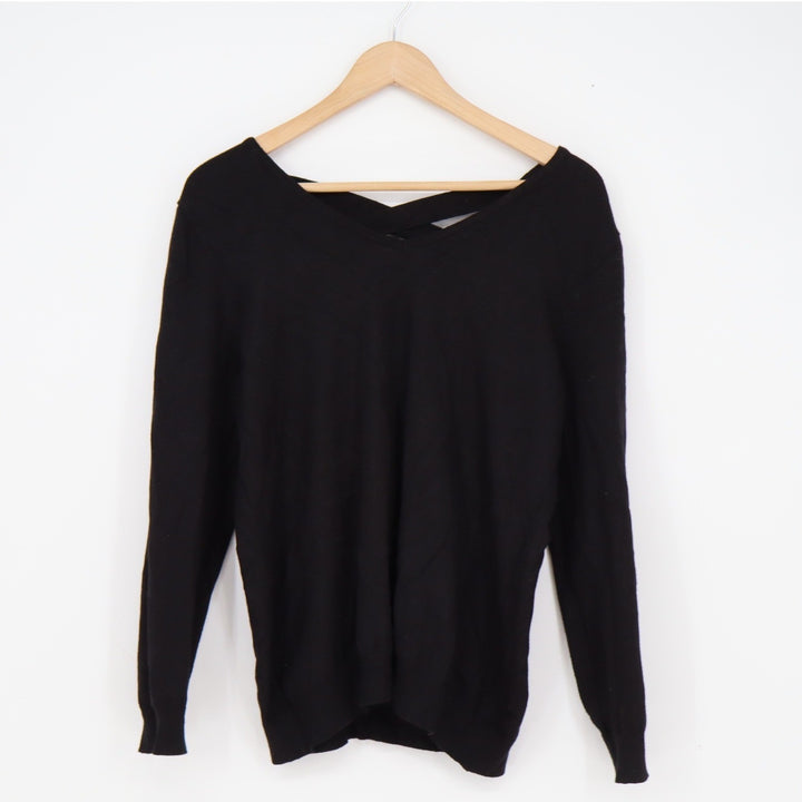 Love Ellie Black Lattice Back V-Neck Knit Sweater Long Sleeve Womens Large