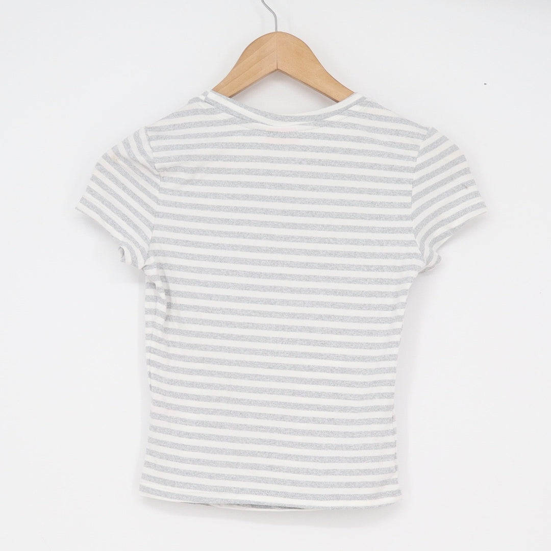 LA GLOW Womens XS Grey White Striped Short Sleeve Crewneck Slim Fit Baby Tee