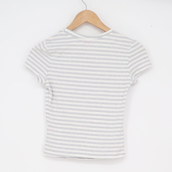 LA GLOW Womens XS Grey White Striped Short Sleeve Crewneck Slim Fit Baby Tee