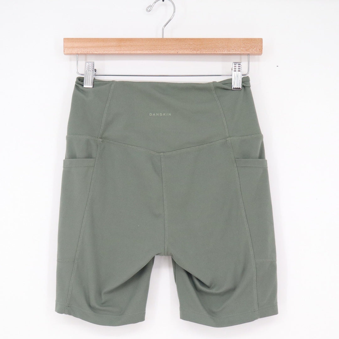 Danskin Womens High Waisted Biker Shorts Olive Green Side Pockets Size S