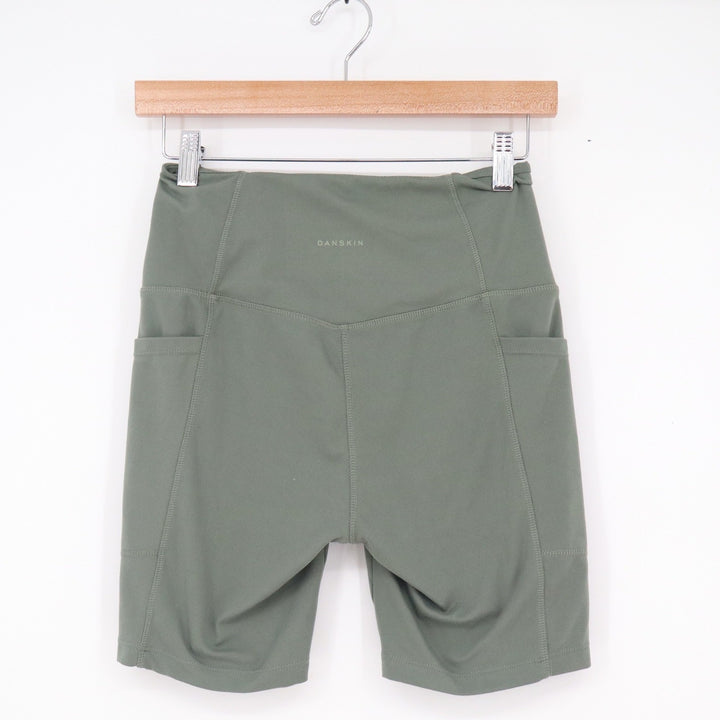 Danskin Womens High Waisted Biker Shorts Olive Green Side Pockets Size S