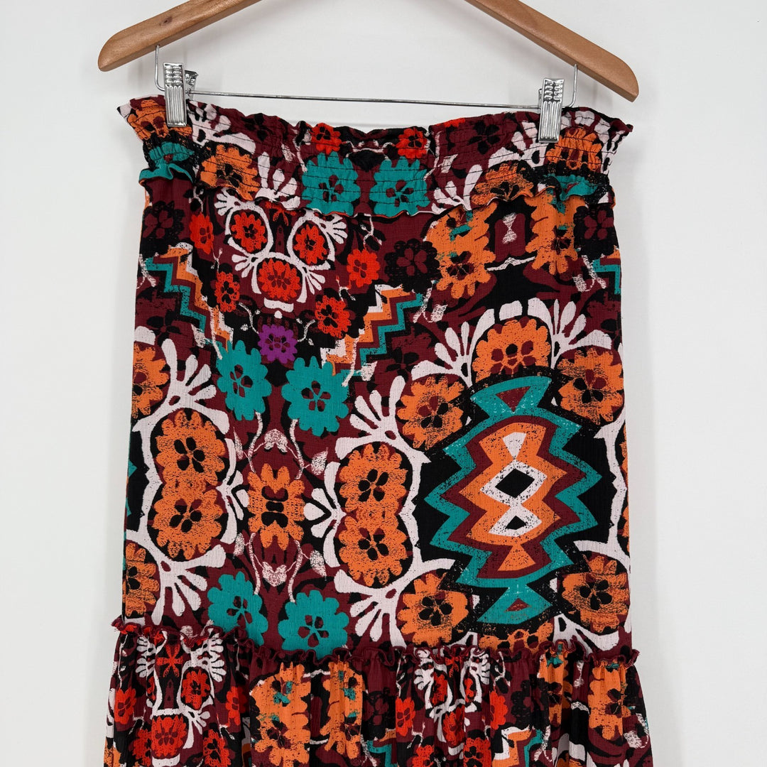 Josie Natori Tiered Maxi Skirt Womens XS Multicolor Aztec Floral Lined Smocked
