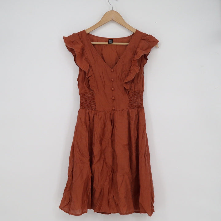 SHEIN Rust Orange Smocked Waist Ruffle Mini Dress V-Neck Size S