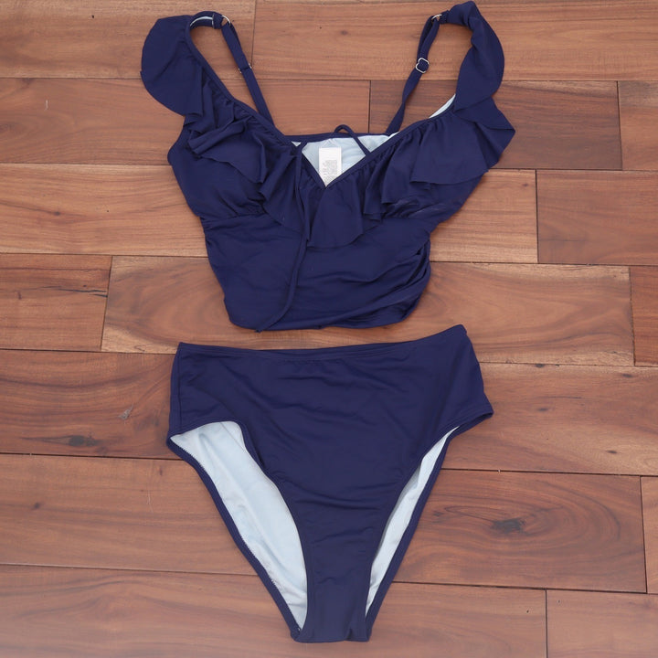 Cupshe Navy Blue Ruffle Tankini High Waisted Two Piece Swimsuit Set Size M
