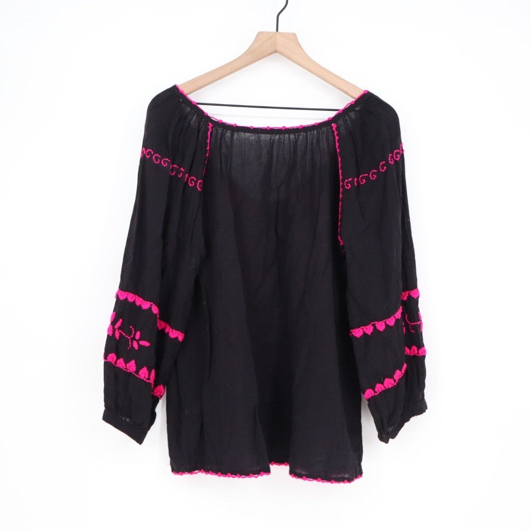 Black Embroidered Tassel Boho Blouse Long Sleeve Cotton