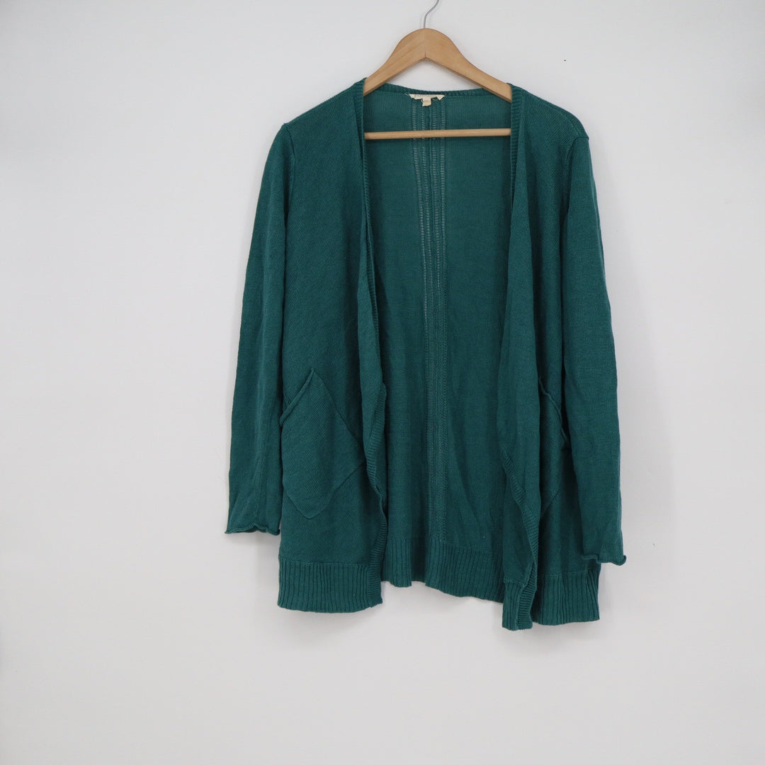 Eileen Fisher Teal Green 100% Linen Open Front Cardigan Sweater Pockets Small