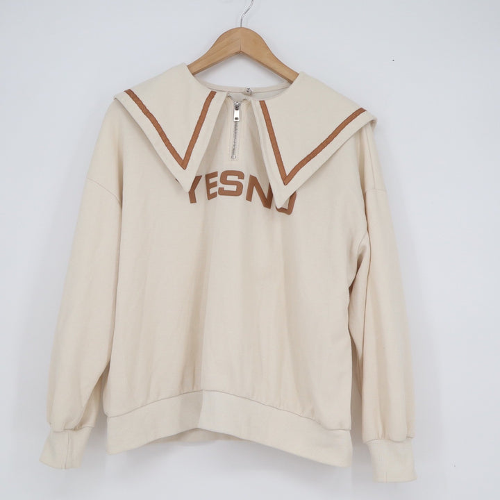 A.M.L Modern Style Sailor Collar Quarter Zip Sweatshirt Cream YESNO Graphic L