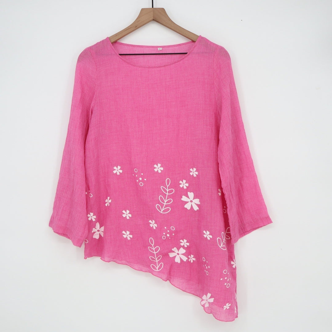 Pink Floral Asymmetrical Sharkbite Hem Tunic Blouse Long Sleeve Size S