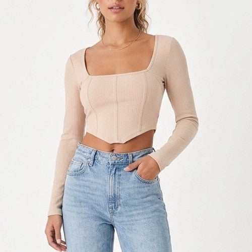 Lulus Flair for the Flirty Bustier Crop Top Womens M Beige Ribbed Long Sleeve