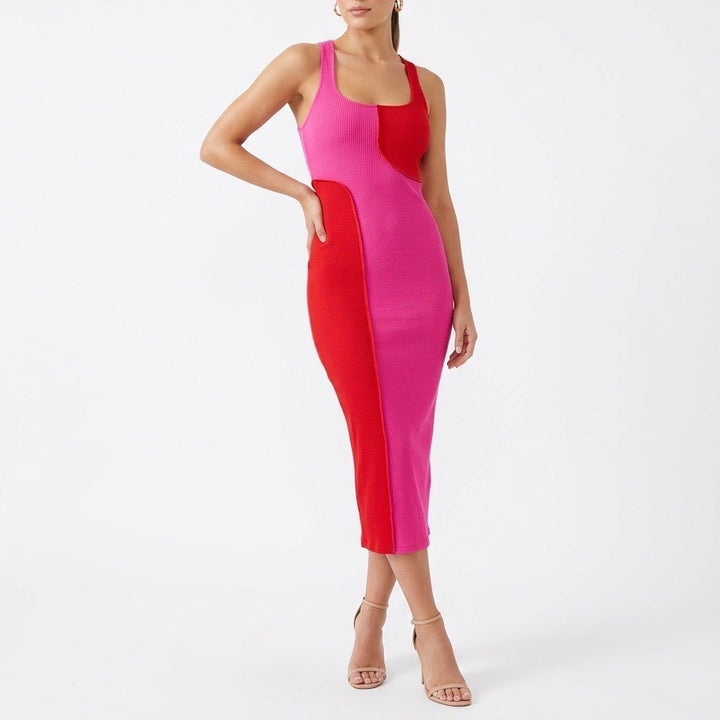 Naked Wardrobe Pink Red Colorblock Ribbed Midi Bodycon Dress Small