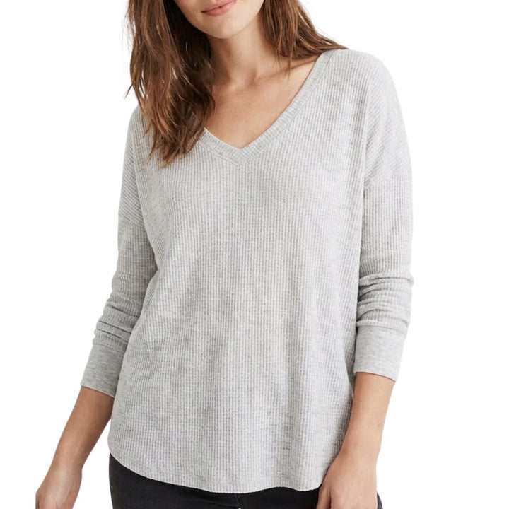 Lou & Grey T-Shirt Womens L Gray Stretch Waffle Knit Long Sleeve V-Neck Pullover