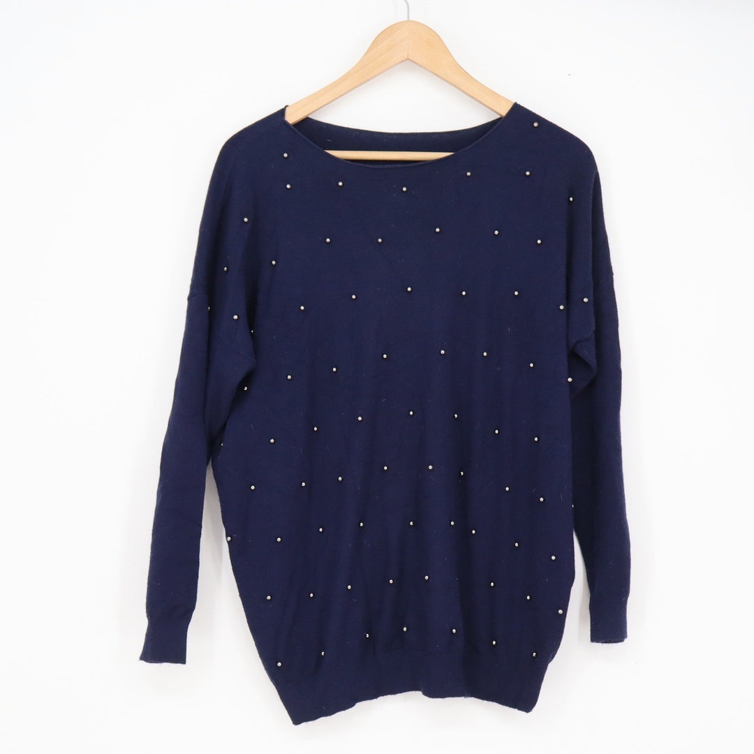 Milanika Navy Blue Studded Cashmere Blend Boat Neck Knit Sweater Oversized L