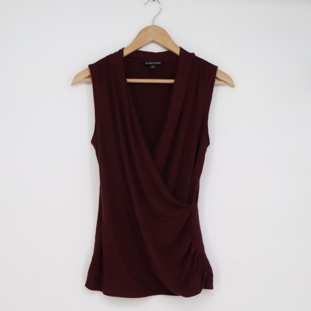 41 Hawthorn Womens Burgundy Surplice Wrap Sleeveless Ruched Knit Top Size S